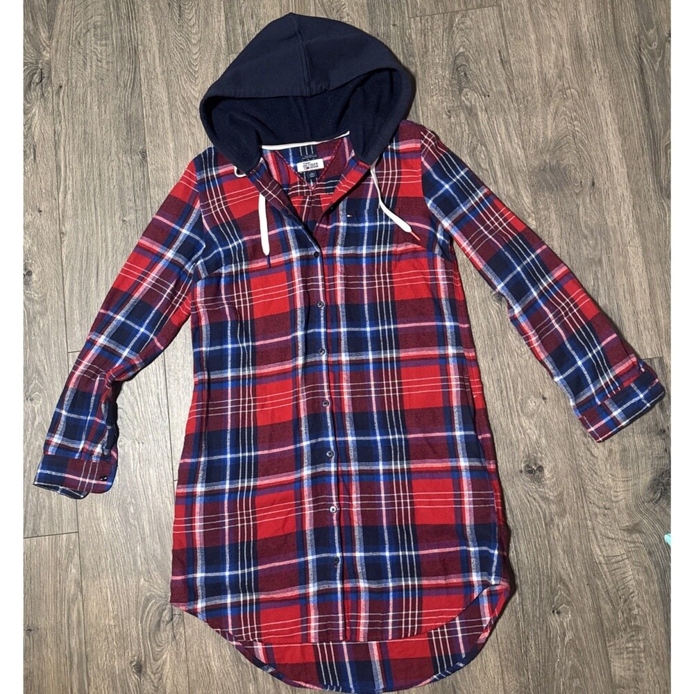 Tommy Hilfiger Denim Plaid Flannel Hooded Shirt Dress Womens XS Red Blue Y2K